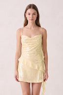 Yellow Spaghetti Straps Sequin Ruched Ruffled Sheath Homecoming Dress  | KISSPROM