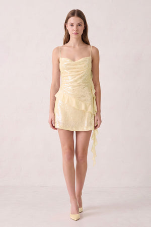 Yellow Spaghetti Straps Sequin Ruched Ruffled Sheath Homecoming Dress  | KISSPROM