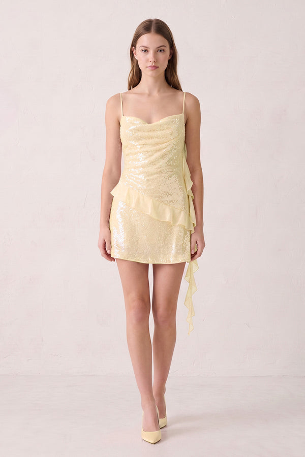 Yellow Spaghetti Straps Sequin Ruched Ruffled Sheath Homecoming Dress  | KISSPROM
