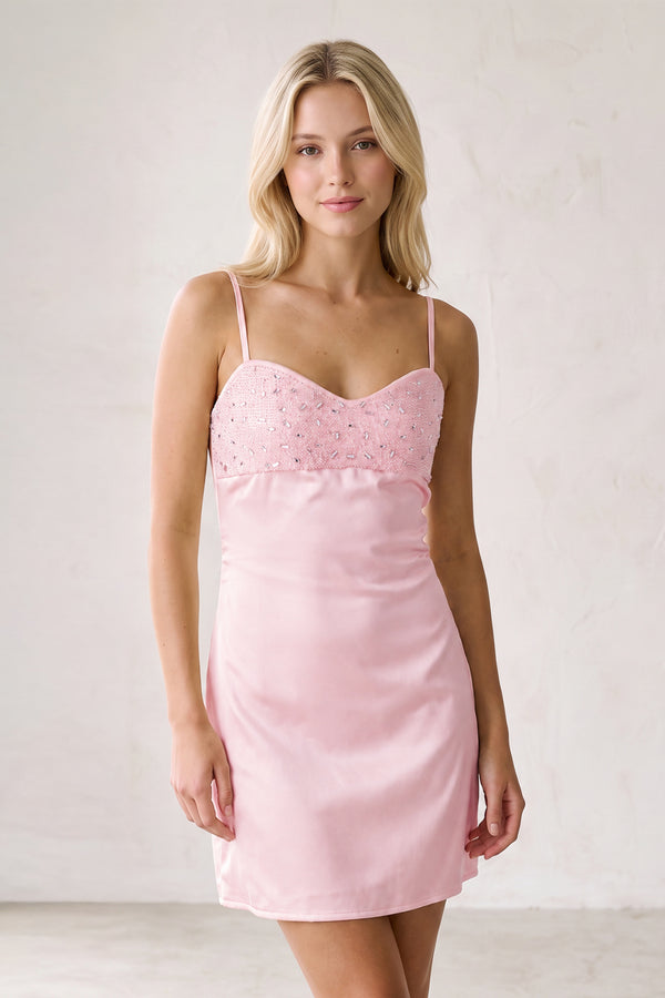 Pink Spaghetti Straps Sheath Rhinestones Satin Homecoming Dress with Tie Back (3) | KISSPROM