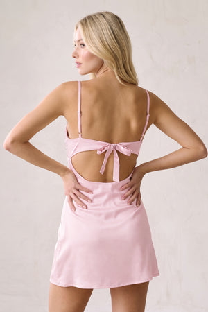Pink Spaghetti Straps Sheath Rhinestones Satin Homecoming Dress with Tie Back (4) | KISSPROM