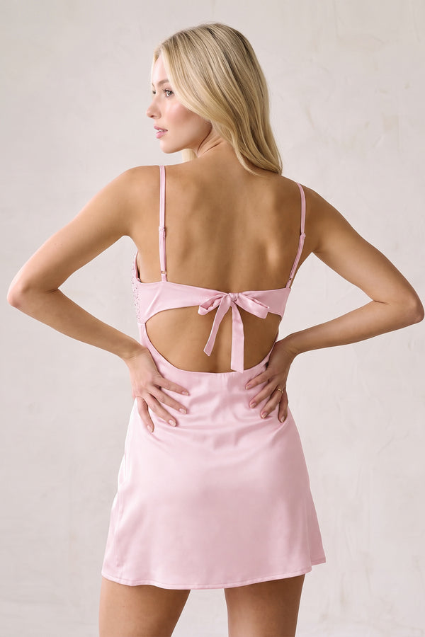 Pink Spaghetti Straps Sheath Rhinestones Satin Homecoming Dress with Tie Back (4) | KISSPROM