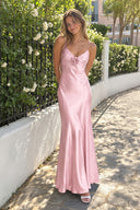 Pink Spaghetti Straps Sheath Satin Backless Long Formal Prom Dresses With Flower | KISSPROM