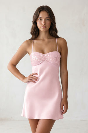 Pink Spaghetti Straps Sheath Satin Homecoming Dress With Sequins | KISSPROM