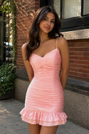 Pink Spaghetti Straps Sheath Satin Pleated Homecoming Dress With Ruffles | KISSPROM