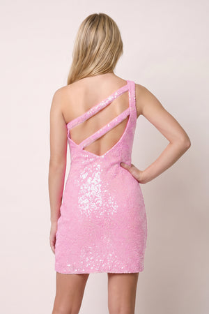 Pink Sparkly Bodycon One Shoulder Sequins Mini Party Dresses with Keyhole (2) | KISSPROM