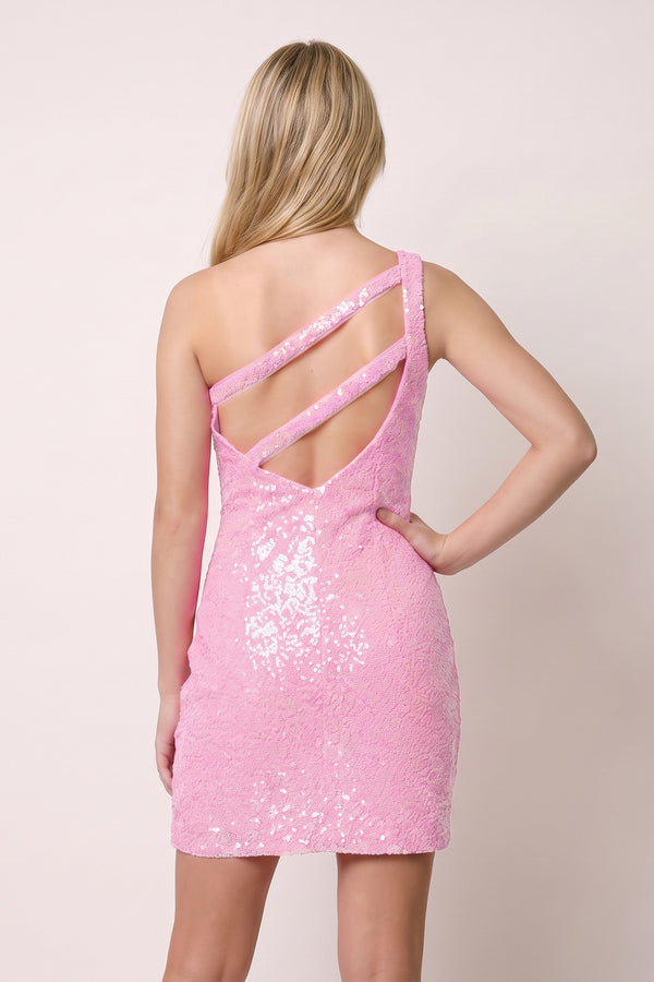 Pink Sparkly Bodycon One Shoulder Sequins Mini Party Dresses with Keyhole (2) | KISSPROM