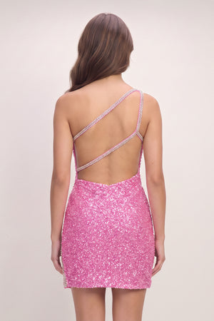 Pink Sparkly One Shoulder Bodycon Sequins Mini Homecoming Dresses (2) | KISSPROM