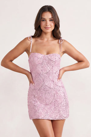 Pink Sparkly Sequin Sheath Bow Spaghetti Straps Homecoming Dress | KISSPROM