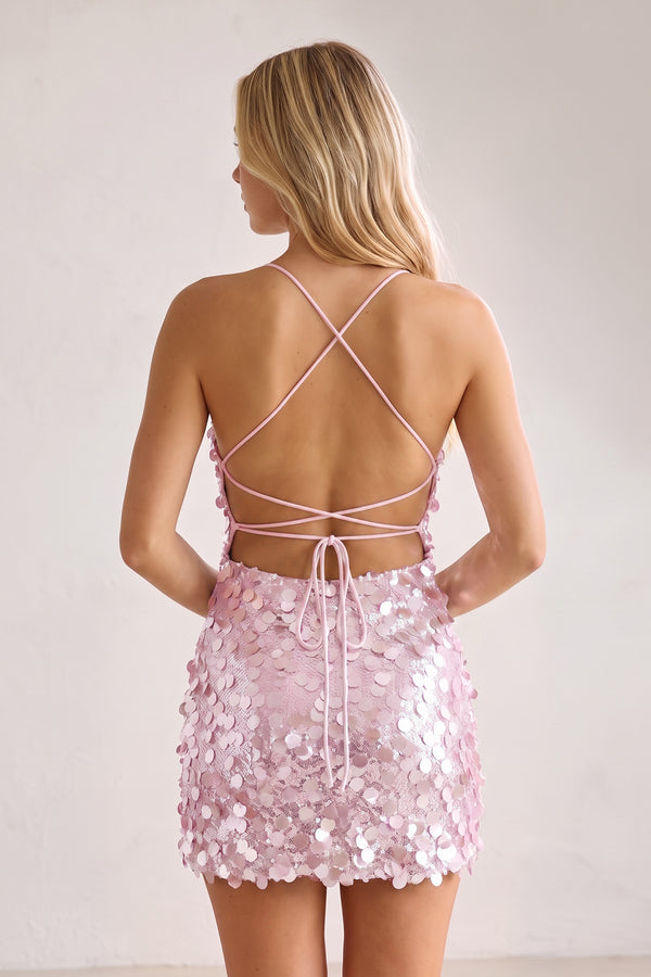Pink Sparkly Spaghetti Straps Sequin Sheath Homecoming Dress (2) | KISSPROM