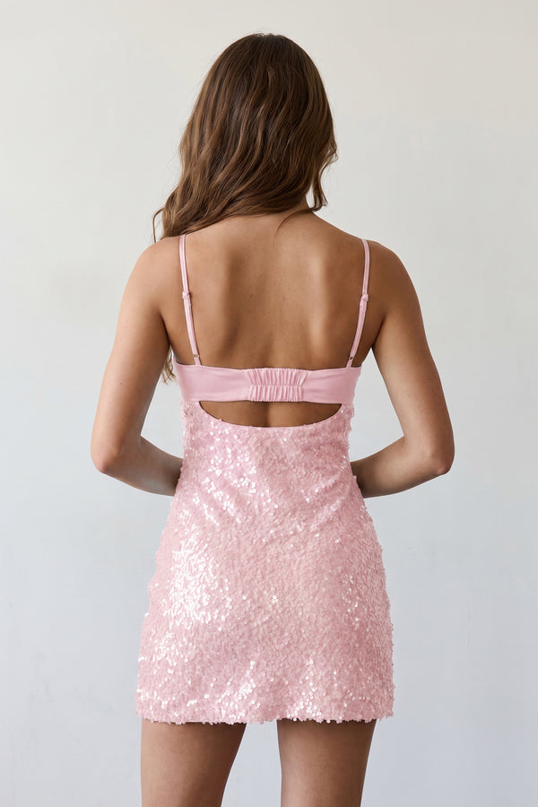 Pink Sparkly Spaghetti Straps Sheath Satin Homecoming Dress With Sequins | KISSPROM