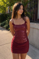 Burgundy Sparkly Spaghetti Straps Sheath Sequin Homecoming Dress | KISSPROM