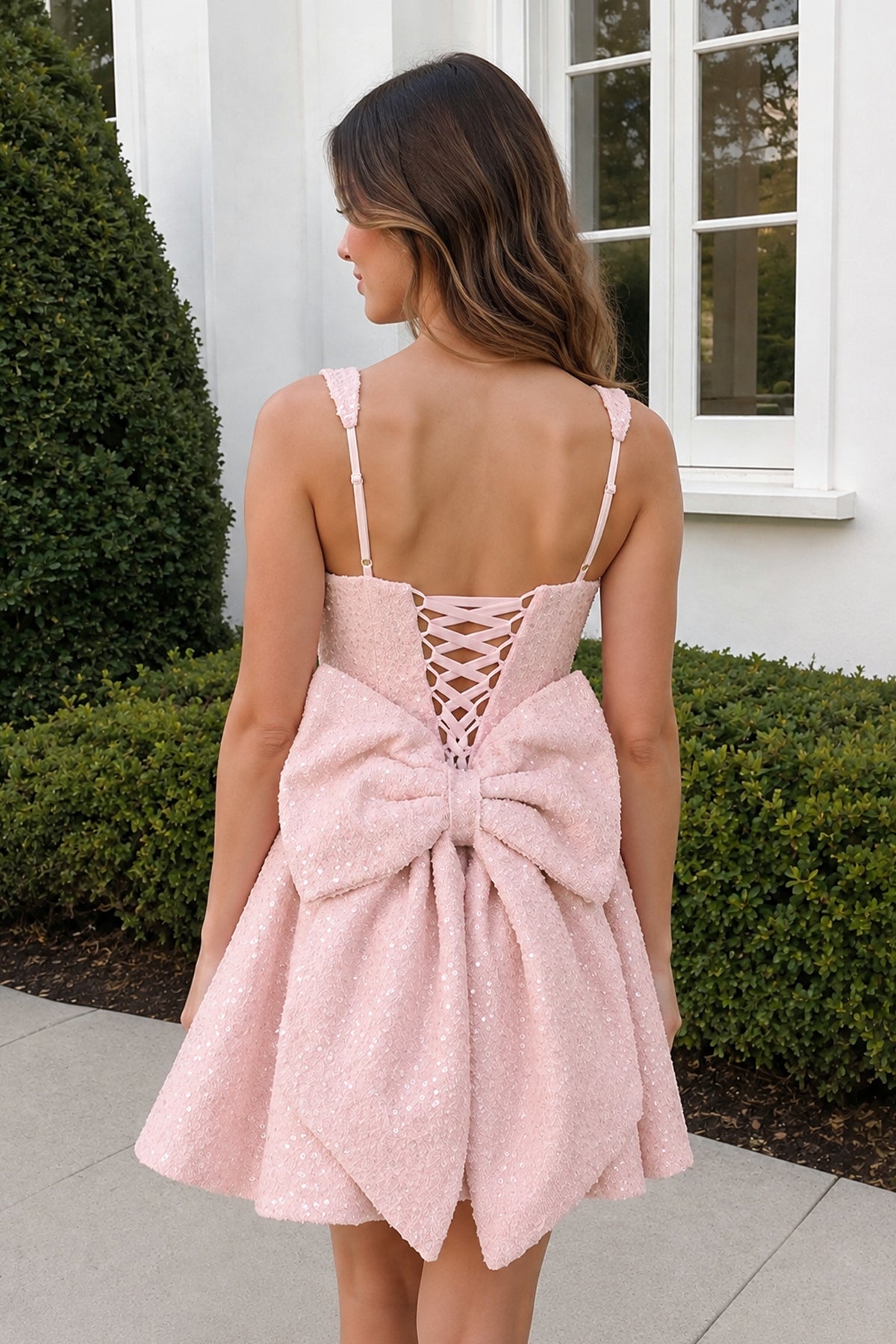 KissProm Sparkly Pink Square Neck A-Line Sequin Ruched Homecoming Dress with Bow, Pink / 4
