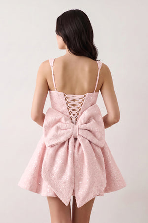 Pink Sparkly Square Neck A-Line Sequin Ruched Homecoming Dress with Bow (2) | KISSPROM