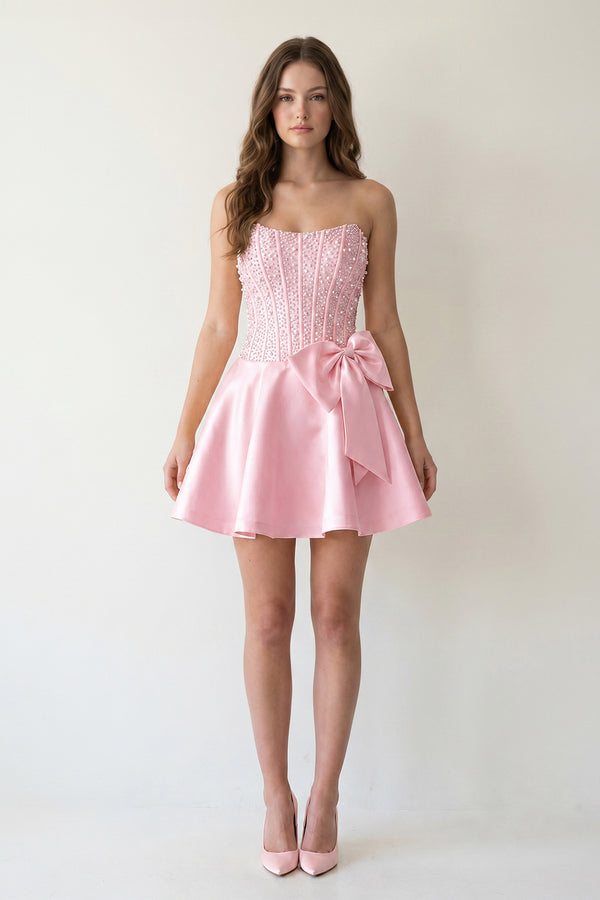 Pink Sparkly Strapless A-Line Satin Corset Mini Homecoming Dress With Rhinestones - KISSPROM