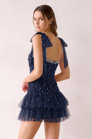 Navy Blue Square Neck A-Line Ruffled Tulle Homecoming Dress with Pearl (2) | KISSPROM