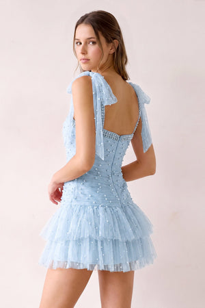 Sky Blue Square Neck A-Line Ruffled Tulle Homecoming Dress with Pearl (2) | KISSPROM