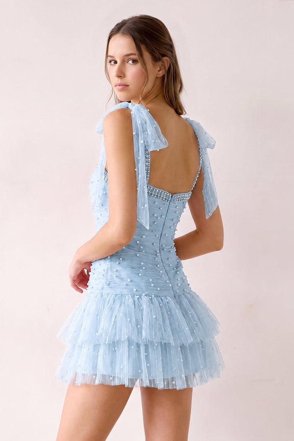 Sky Blue Square Neck A-Line Ruffled Tulle Homecoming Dress with Pearl (2) | KISSPROM