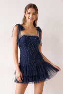 Navy Blue Square Neck A-Line Ruffled Tulle Homecoming Dress with Pearl | KISSPROM