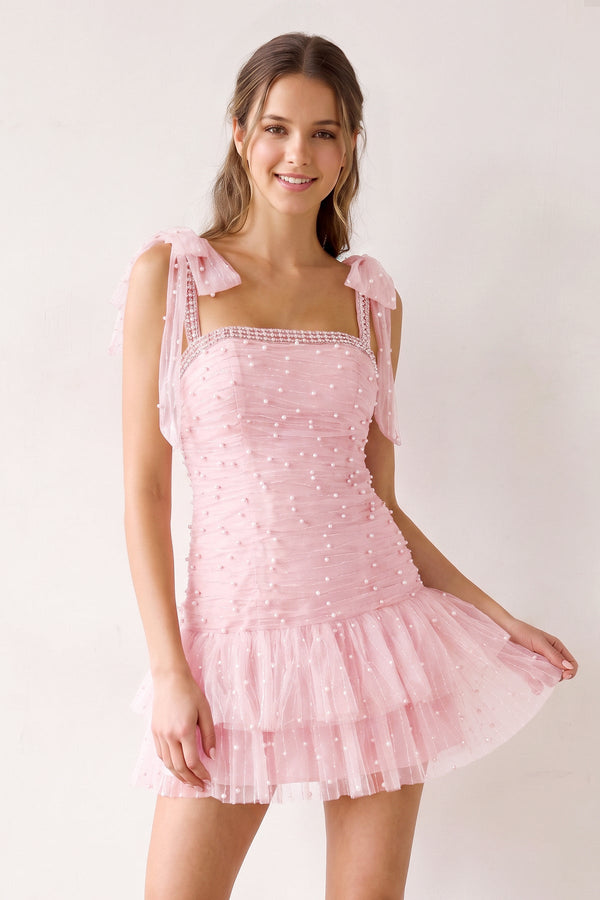 Pink Square Neck A-Line Ruffled Tulle Homecoming Dress with Pearl | KISSPROM