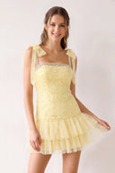 Yellow Square Neck A-Line Ruffled Tulle Homecoming Dress with Pearl | KISSPROM