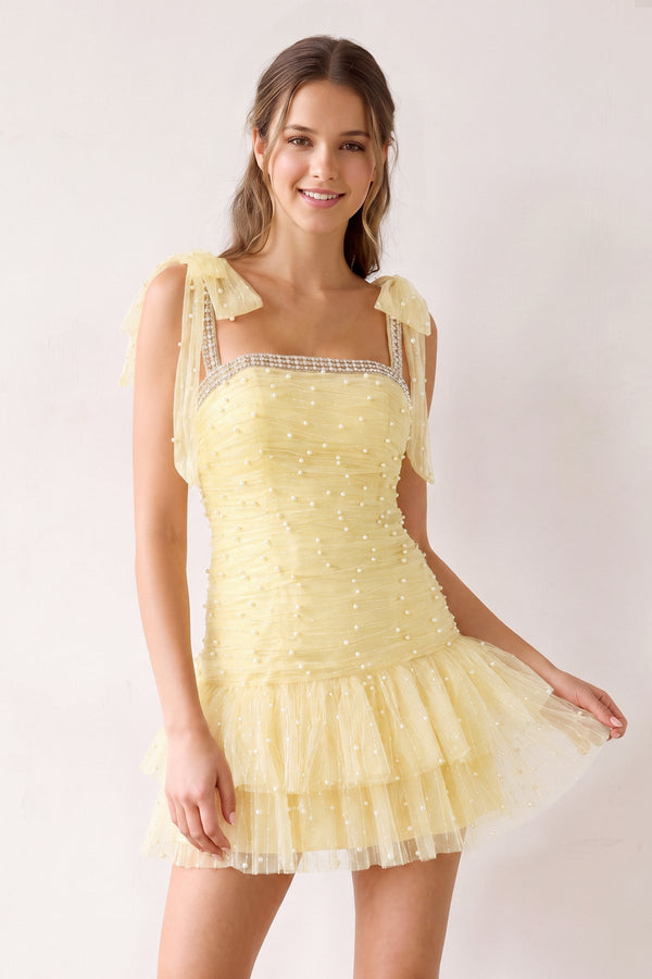 Yellow Square Neck A-Line Ruffled Tulle Homecoming Dress with Pearl | KISSPROM