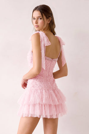 Pink Square Neck A-Line Ruffled Tulle Homecoming Dress with Pearl (2) | KISSPROM