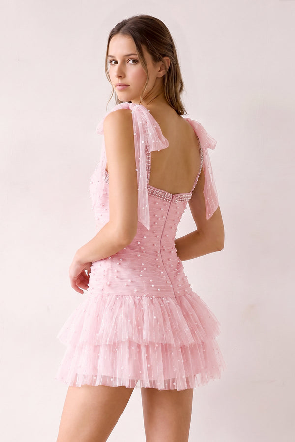 Pink Square Neck A-Line Ruffled Tulle Homecoming Dress with Pearl (2) | KISSPROM