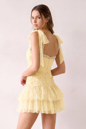 Yellow Square Neck A-Line Ruffled Tulle Homecoming Dress with Pearl (2) | KISSPROM