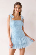 Sky Blue Square Neck A-Line Ruffled Tulle Homecoming Dress with Pearl | KISSPROM