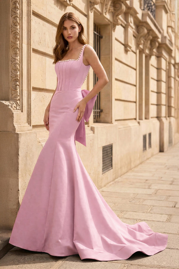KissProm- Pink Square Neck Mermaid Satin Long Prom Dresses With Pearls