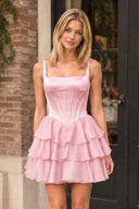 Pink Square Neck Satin Corset Ruffled A-Line Homecoming Dress | KISSPROM