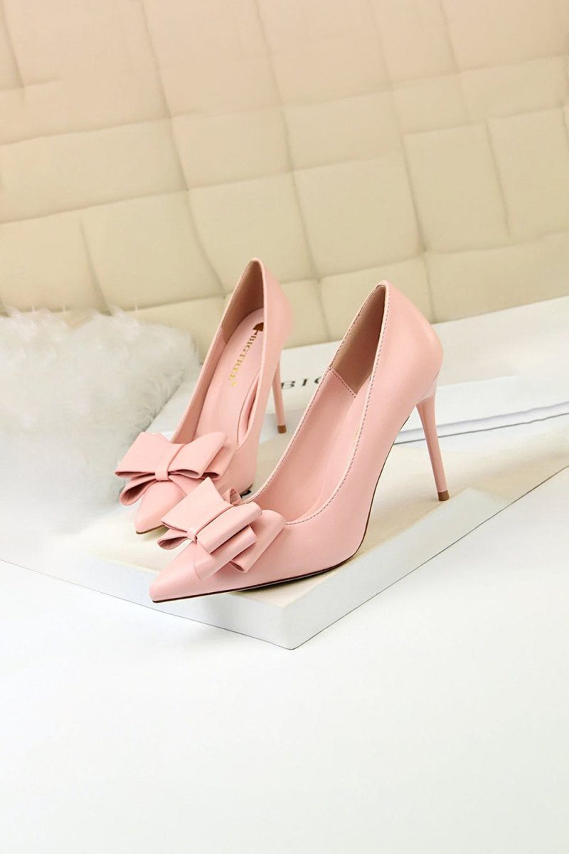 Pink Stiletto Pointy Heels with Bows - KissProm