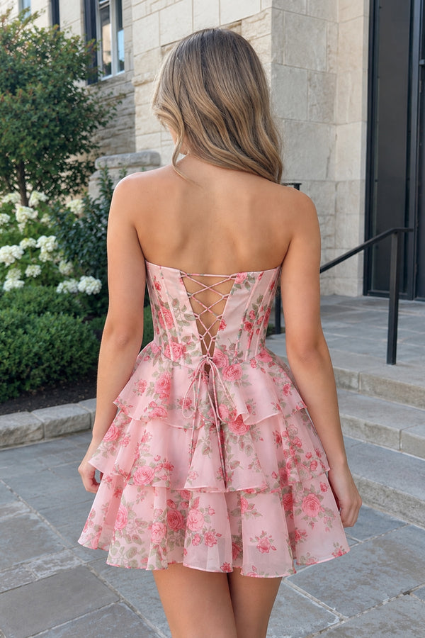 Pink Strapless A-Line Floral Corset Homecoming Dress -KISSPROM