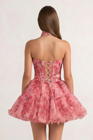 Pink Strapless A-Line Floral Short Homecoming Dresses With Ruffles - KISSPROM