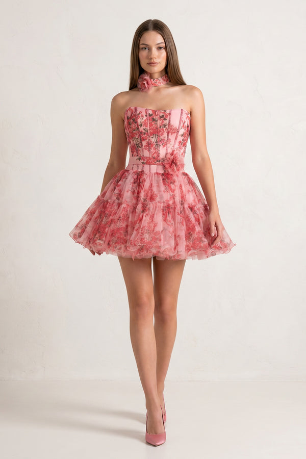 Pink Strapless A-Line Floral Short Homecoming Dresses With Ruffles - KISSPROM