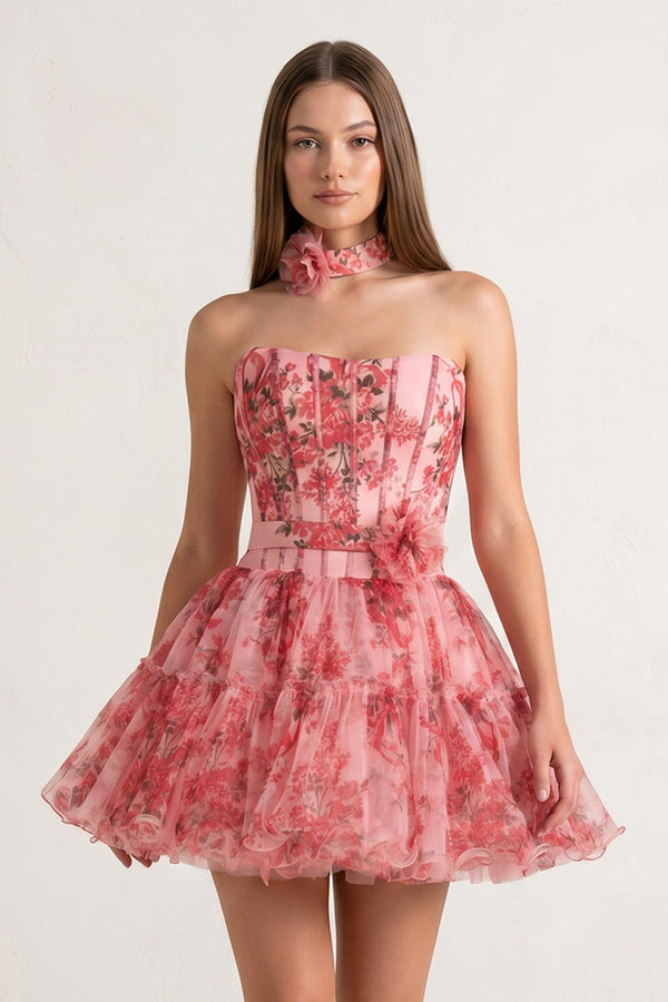 Pink Strapless A-Line Floral Short Homecoming Dresses With Ruffles - KISSPROM