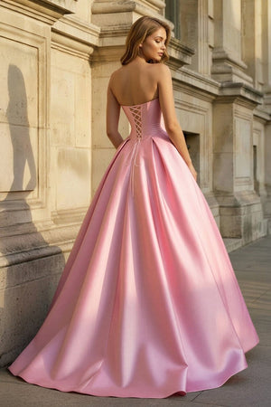 Pink Strapless A Line Pleated Satin Long Prom Dresses With Flower - KissProm