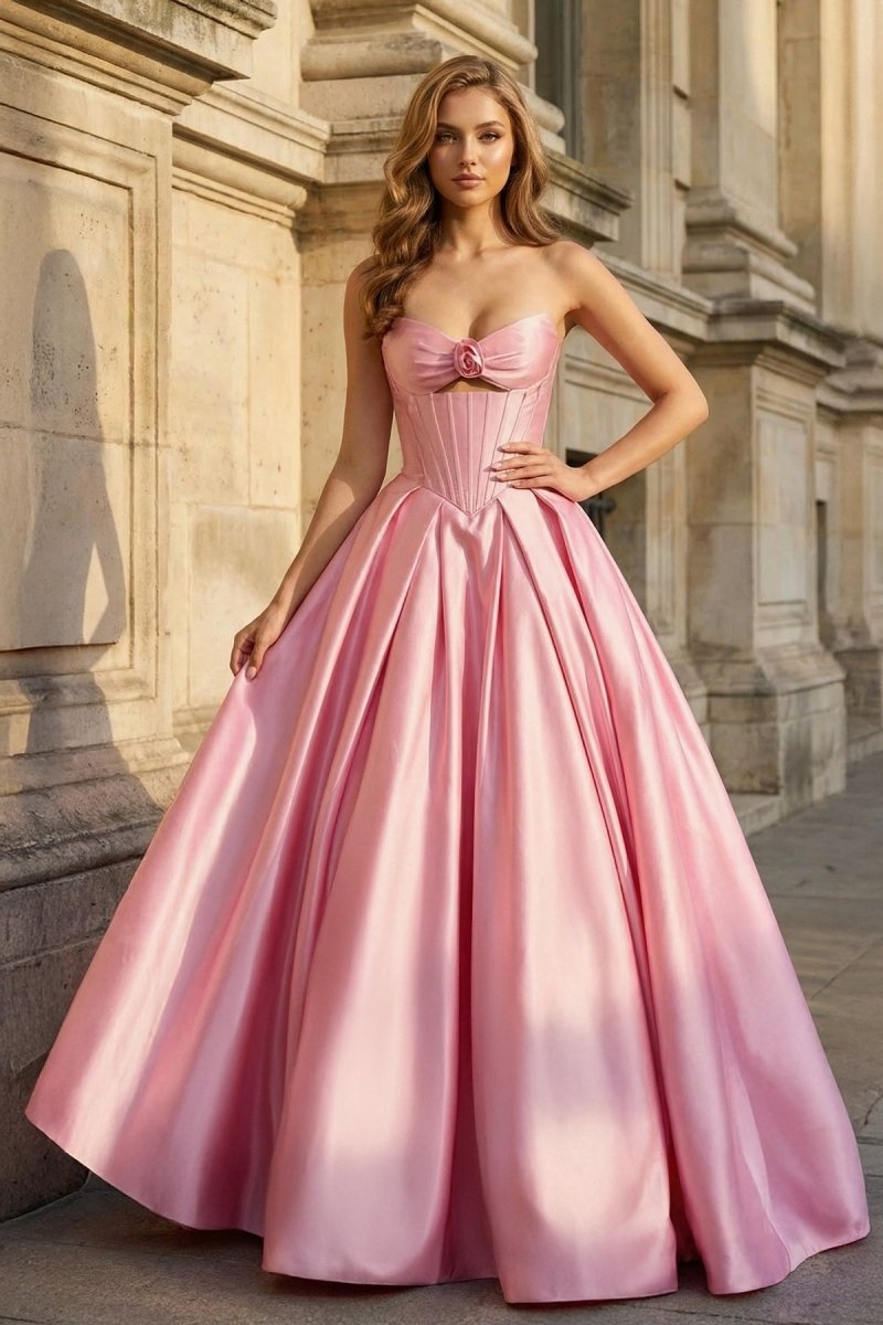 Pink Strapless A Line Pleated Satin Long Prom Dresses With Flower - KissProm