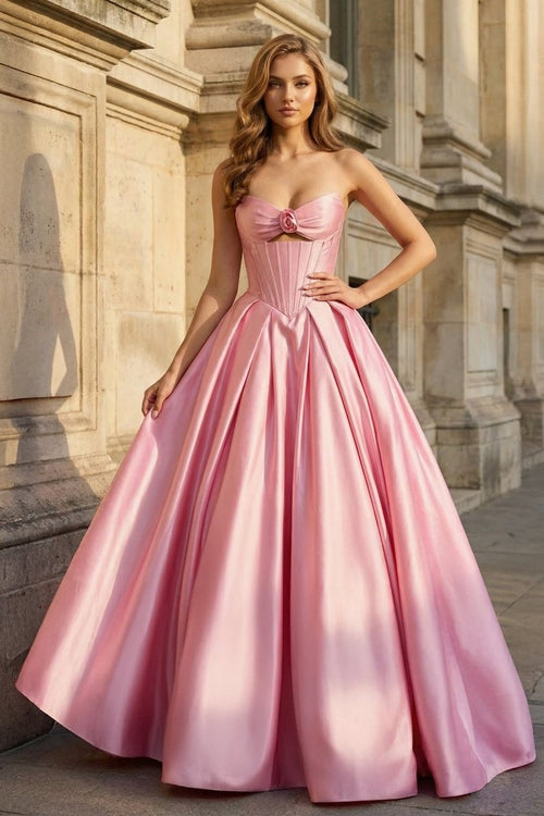 Pink Strapless A Line Pleated Satin Long Prom Dresses With Flower - KissProm