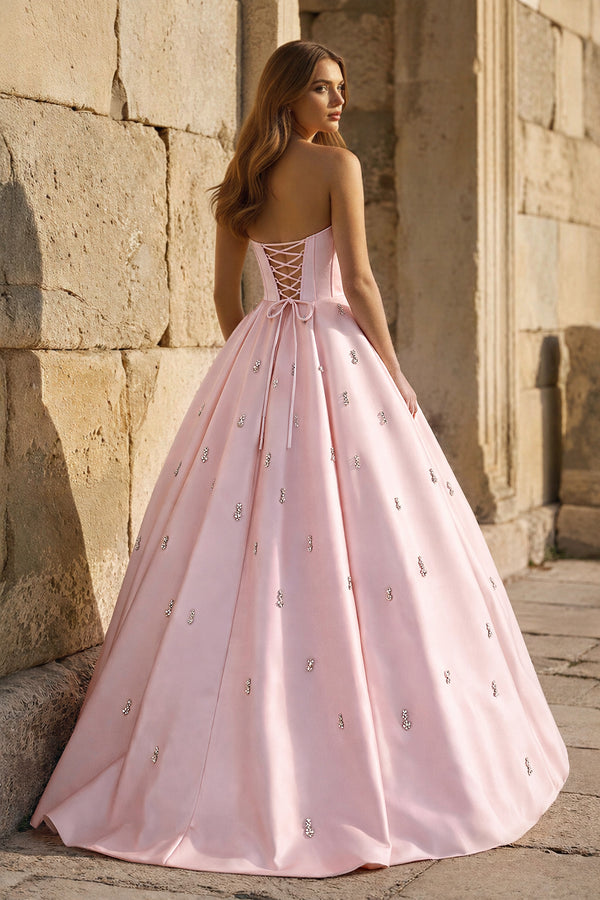 KissProm- Pink Strapless A Line Satin Long Prom Dresses With Beading