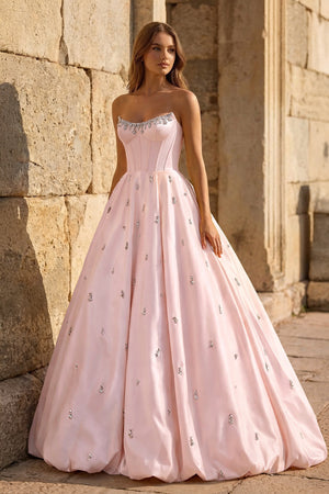 KissProm- Pink Strapless A Line Satin Long Prom Dresses With Beading