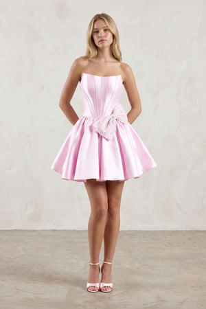 Pink Strapless A-Line Satin Mini Corset Homecoming Dress With Bow - KISSPROM