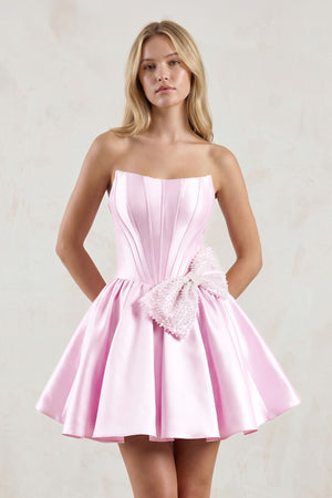 Pink Strapless A-Line Satin Mini Corset Homecoming Dress With Bow - KISSPROM