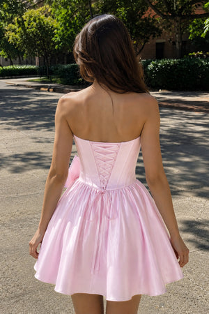 Pink Strapless A-Line Satin Mini Corset Homecoming Dress With Bow - KISSPROM