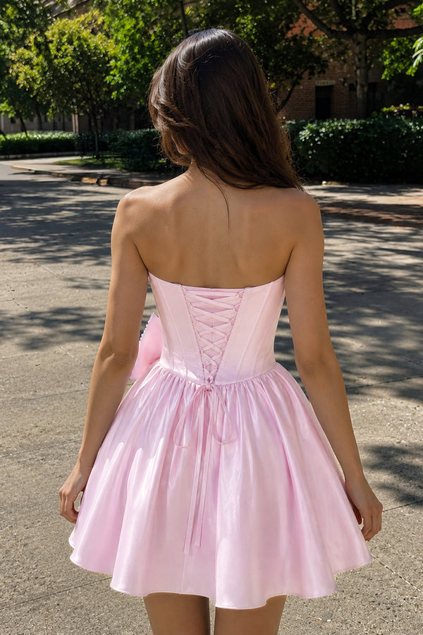 Pink Strapless A-Line Satin Mini Corset Homecoming Dress With Bow - KISSPROM