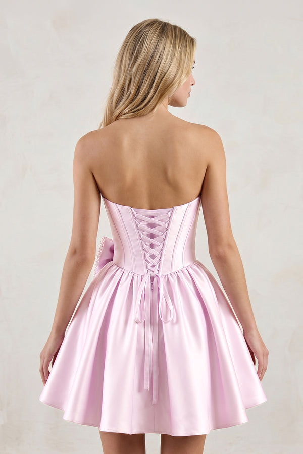 Pink Strapless A-Line Satin Mini Corset Homecoming Dress With Bow - KISSPROM