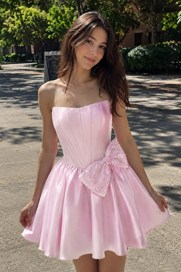 Pink Strapless A-Line Satin Mini Corset Homecoming Dress With Bow - KISSPROM