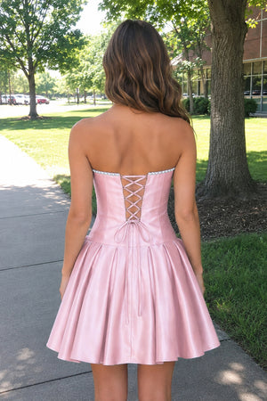 Pink Strapless A-Line Satin Ruched Bow Homecoming Dress With Pearl - KISSPROM