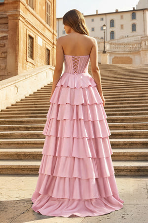 KissProm- Pink Sweetheart A Line Satin Ruffled Long Prom Dresses With Slit